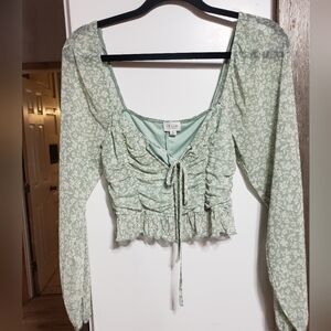 Sage Green /floral Smocked Bodice Long Puff Sleeve Boho Peasant CropTop Small